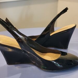 Delman Black Patent Leather Wedge Slingbacks, Sz 11